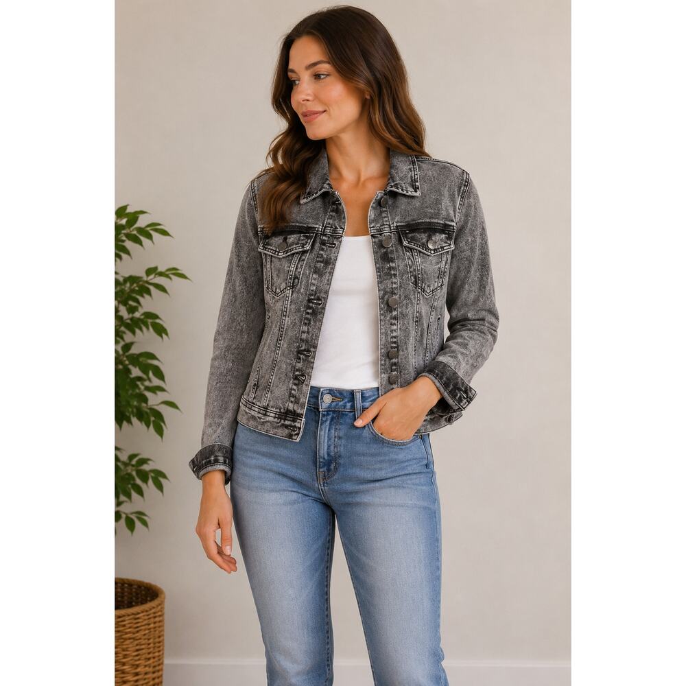 Vera Wang Acid Wash Denim Jacket Womens Large Gray Black Stretch Jean Jacket